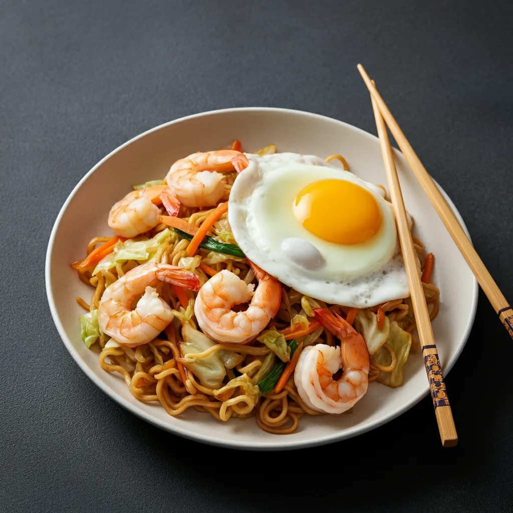 Shrimp Yakisoba with Fried Egg