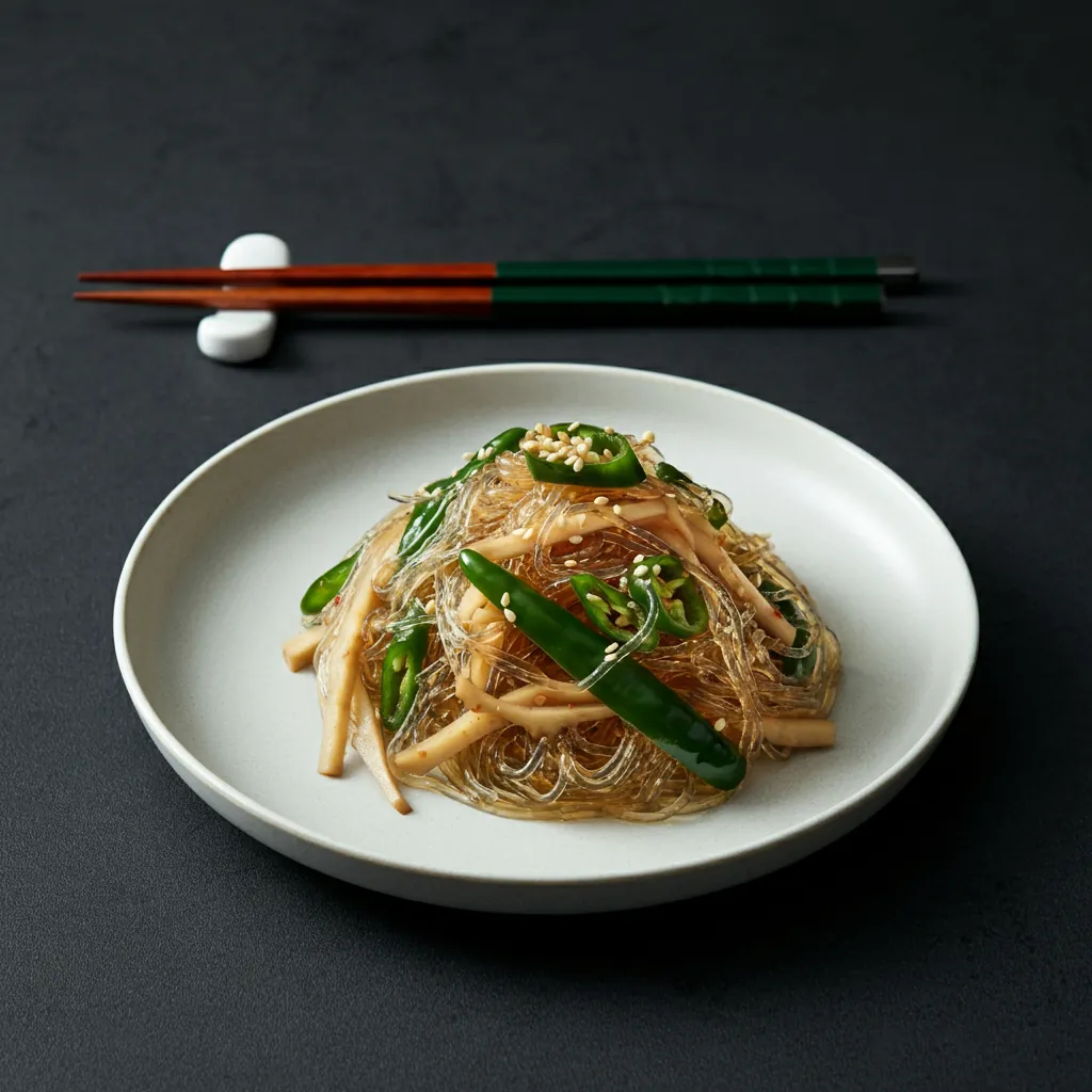 Burdock Japchae and Deodeok Pine Nut Dressing Salad